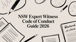 Cover image: beige background with black hand-drawn office supplies framing the title 'NSW Expert Witness Code of Conduct Guide 2026'
