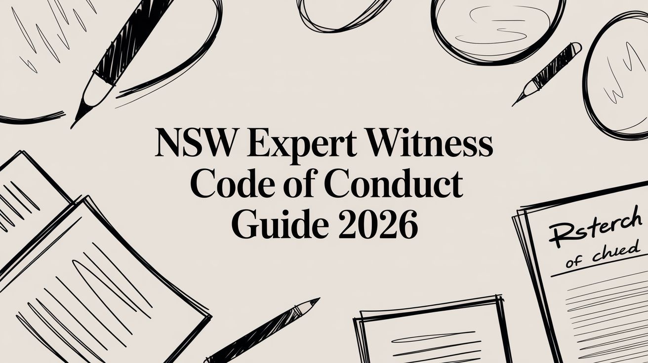 Cover image: beige background with black hand-drawn office supplies framing the title 'NSW Expert Witness Code of Conduct Guide 2026'