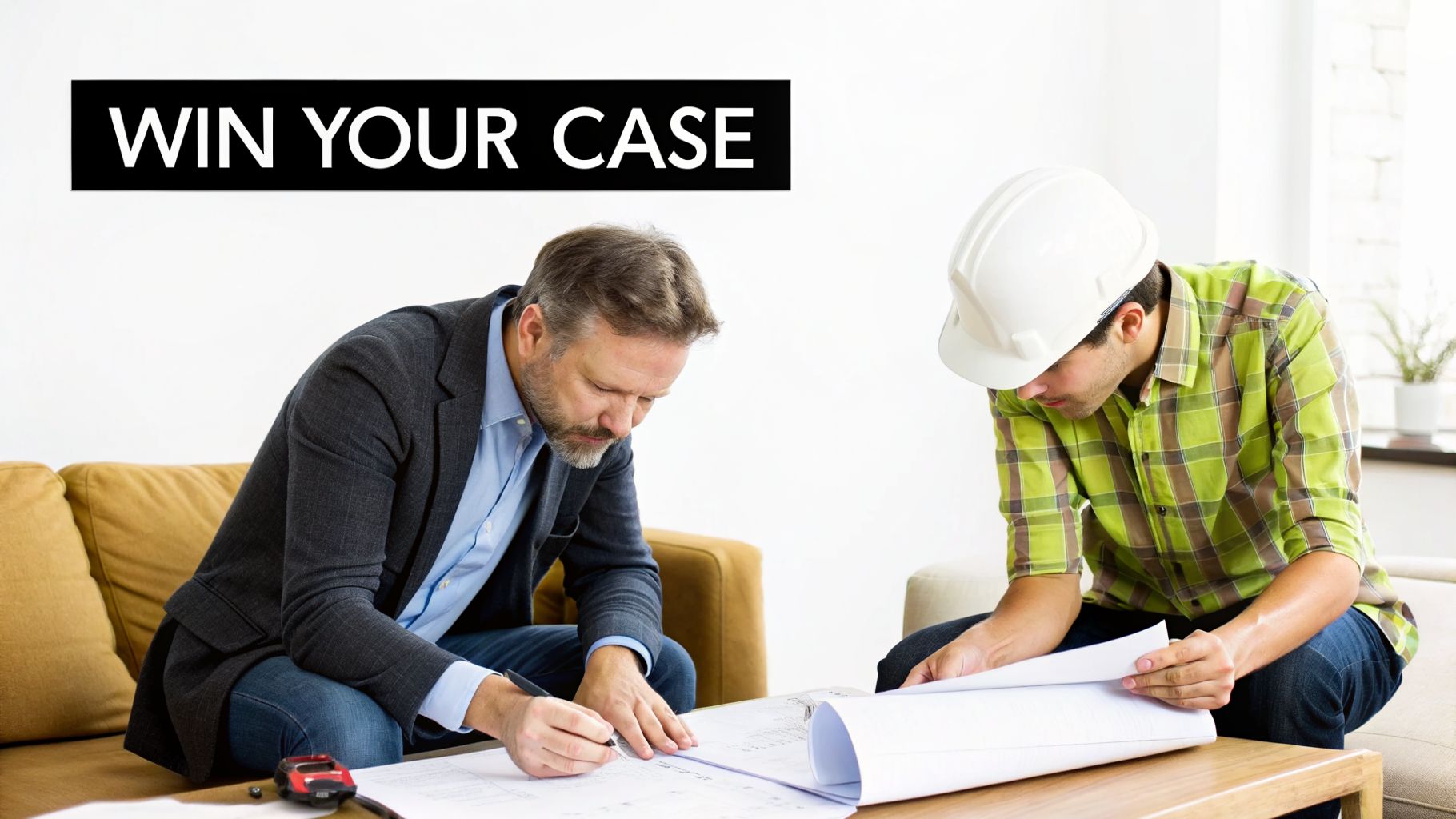 Two men, one in a suit and one in a hard hat, review blueprints on a table.