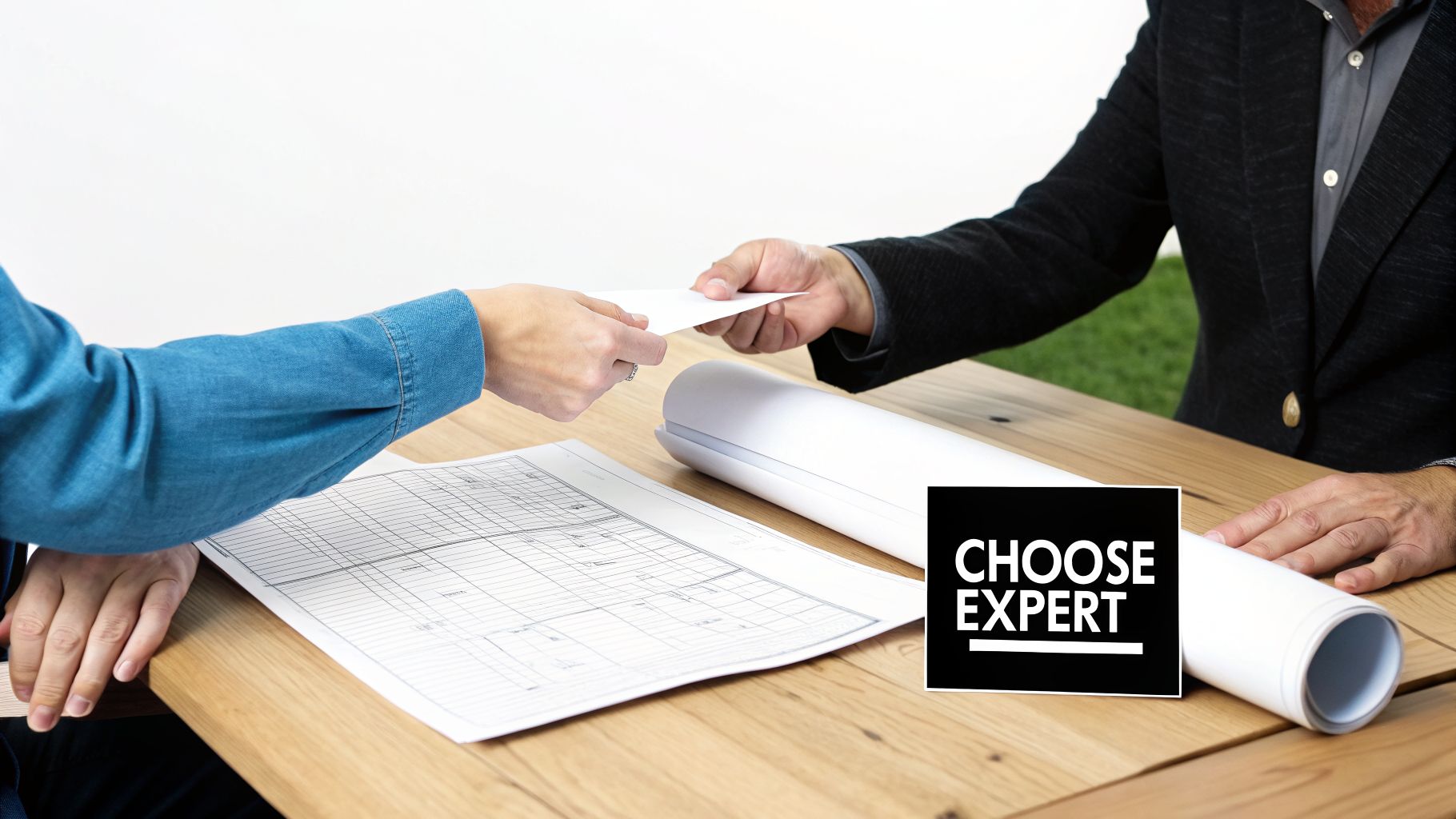 Two professionals exchange documents over a table with blueprints, suggesting a business transaction or consultation.