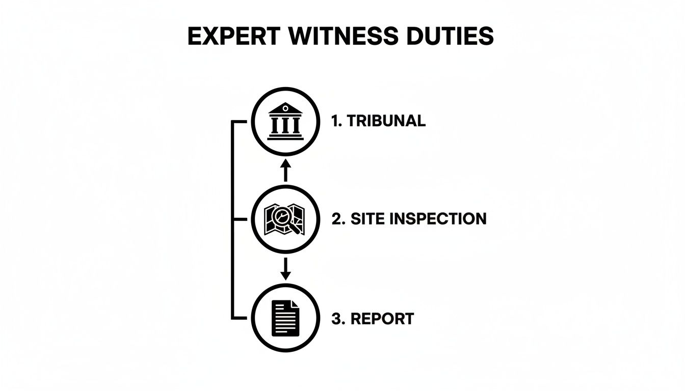 A flowchart visually outlining the three main expert witness duties: Tribunal, Site Inspection, and Report.