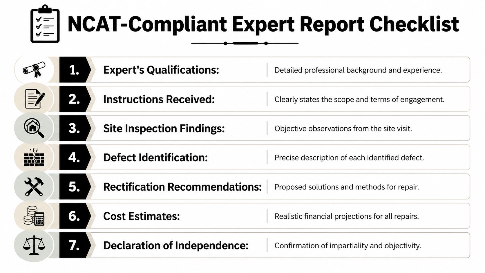 A checklist infographic outlining the seven key requirements for a professional NCAT-compliant building expert witness report.
