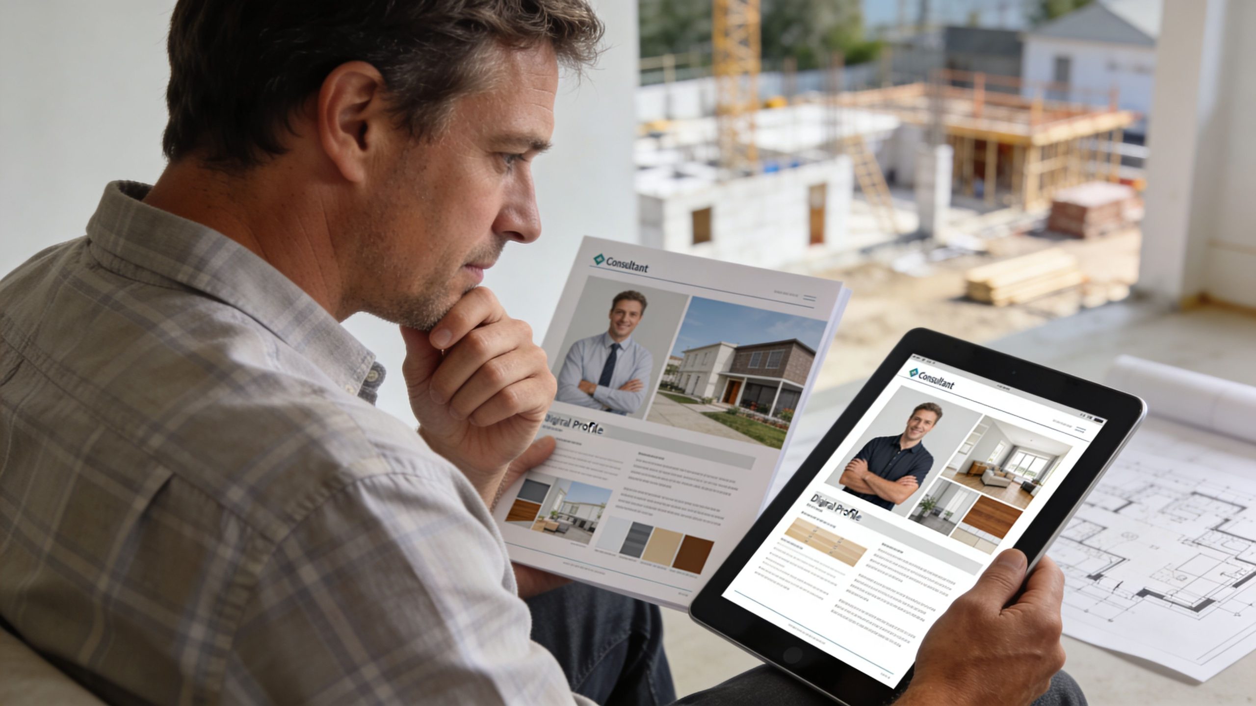 A man examines building documents and a tablet in an unfinished house construction site for assessment.