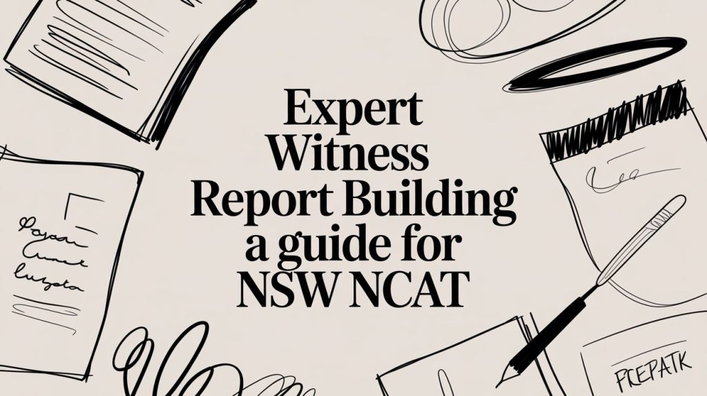 Guide header image: 'Expert Witness Report Building a guide for NSW NCAT' with doodles of papers and a pen around the text, beige background.