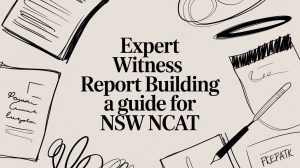 Guide header image: 'Expert Witness Report Building a guide for NSW NCAT' with doodles of papers and a pen around the text, beige background.