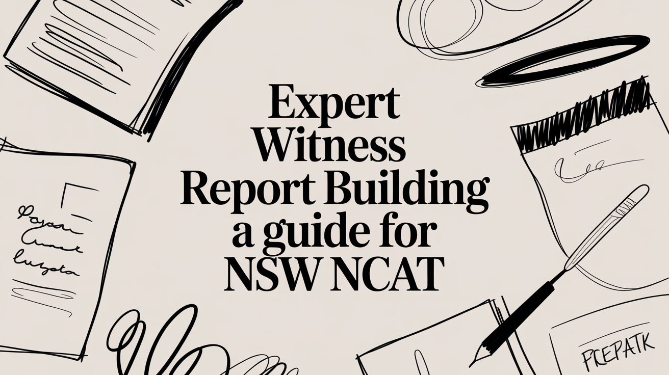 Guide header image: 'Expert Witness Report Building a guide for NSW NCAT' with doodles of papers and a pen around the text, beige background.