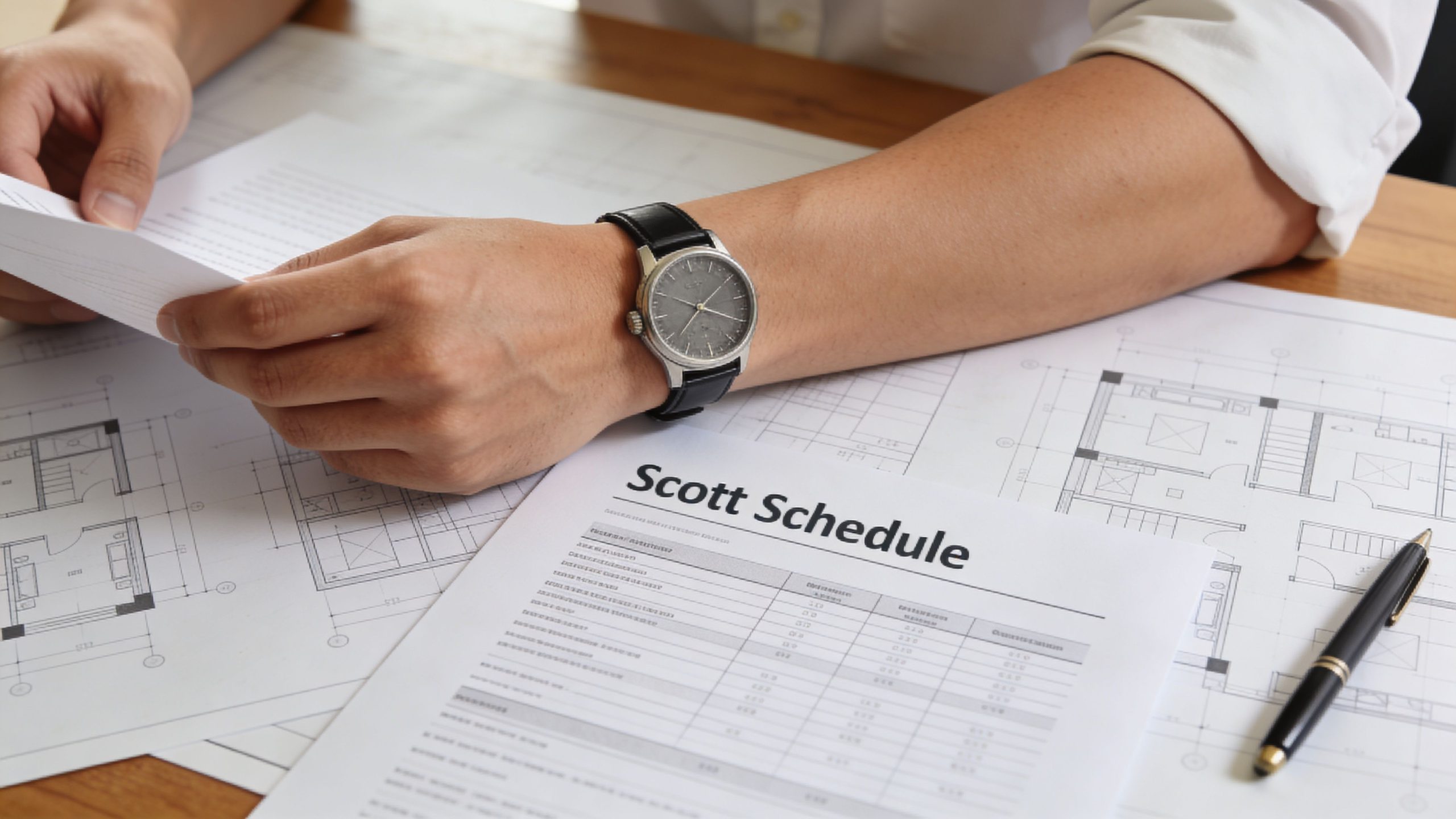 A professional analyzing a Scott Schedule document for a building project while sitting at a desk.