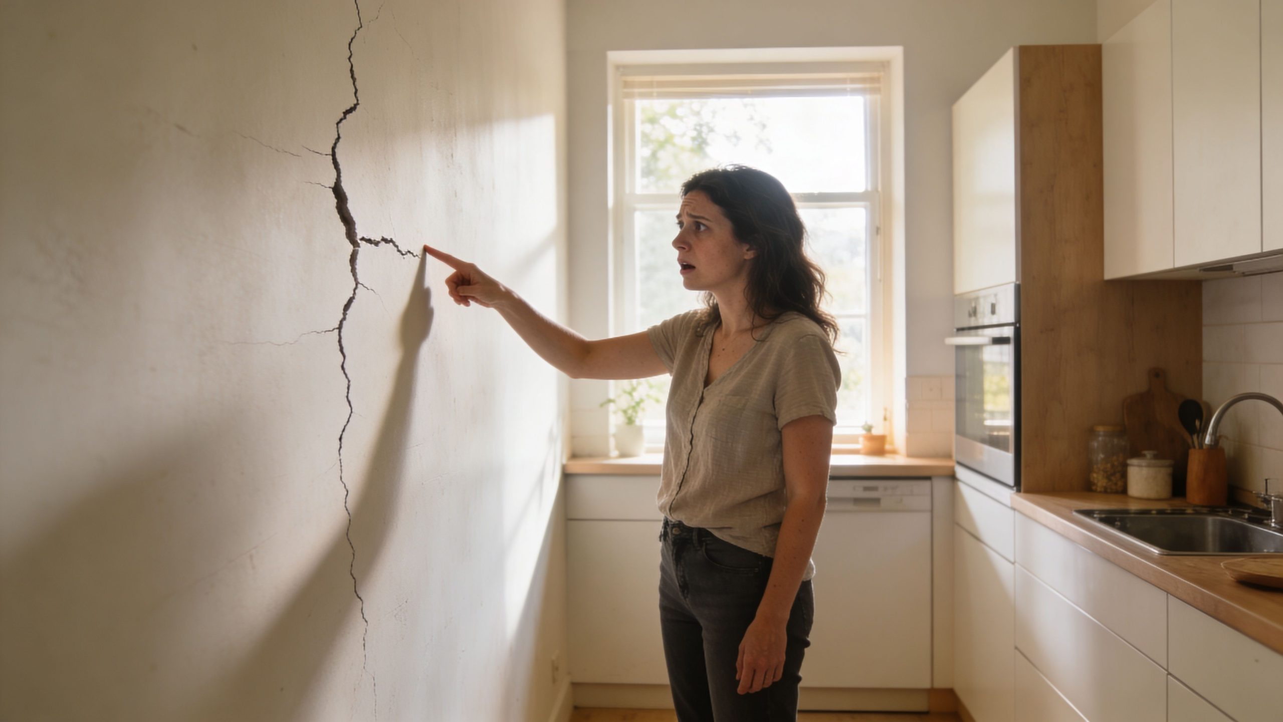 A concerned woman pointing at a large crack on her kitchen wall, assessing structural home damage.