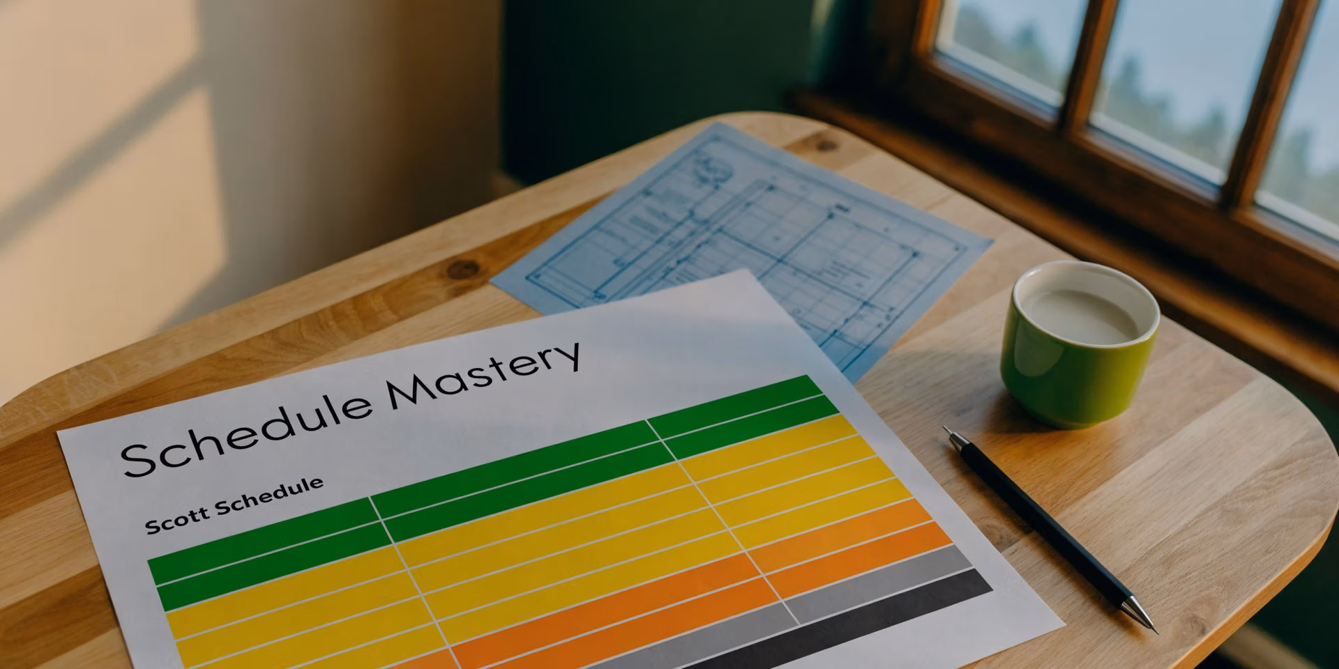 A printed document titled Schedule Mastery with a colorful grid chart on a wooden desk near a window.