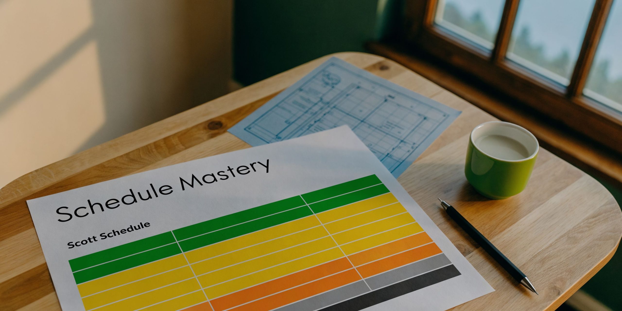 A printed document titled Schedule Mastery with a colorful grid chart on a wooden desk near a window.