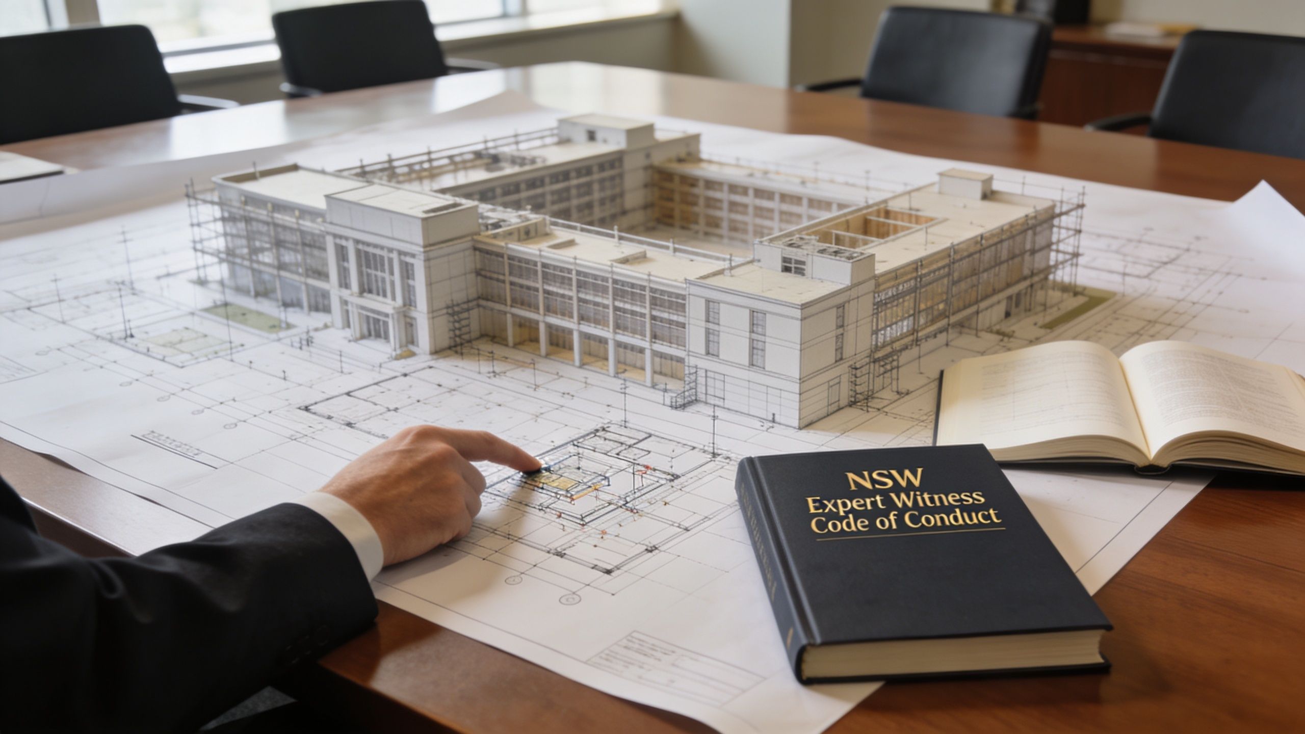 A professional analyzing a 3D architectural building model on blueprints next to a legal code of conduct book.
