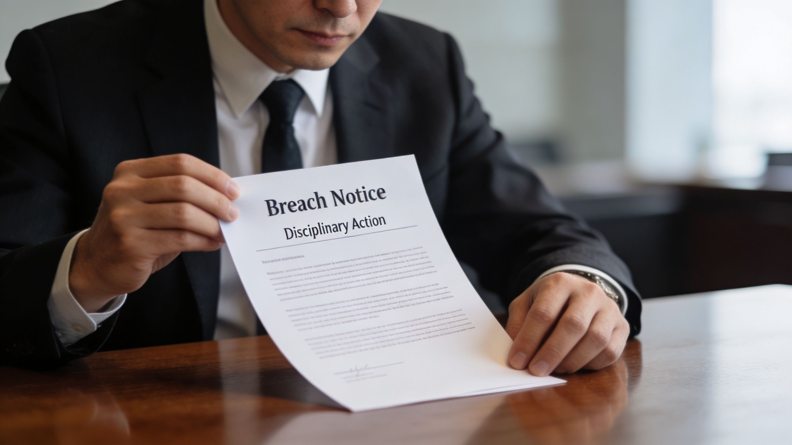 A professional man in a business suit holding a formal Breach Notice disciplinary action document at a desk.