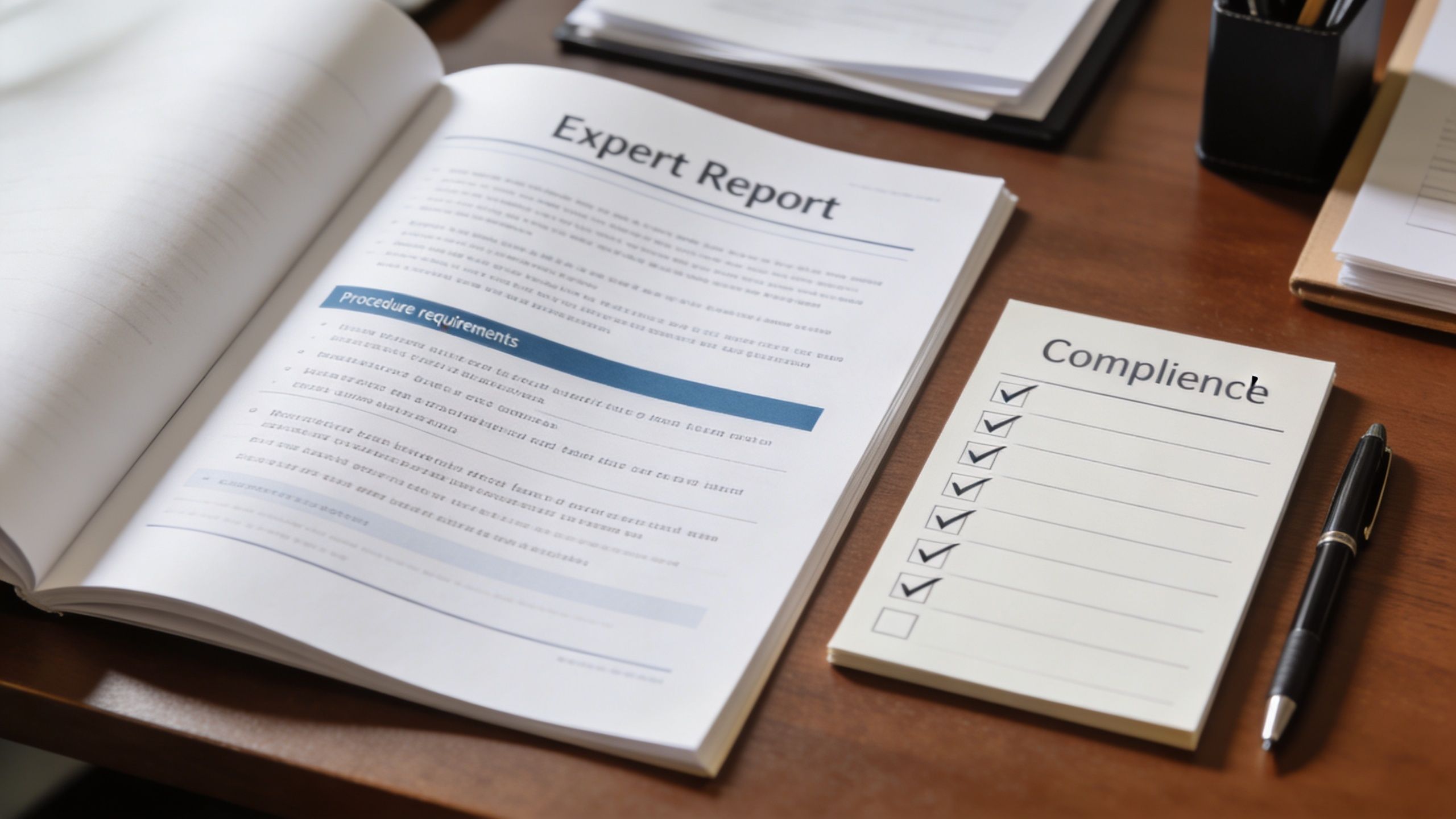 A professional desk featuring an open Expert Report document, a compliance checklist, and a fountain pen.