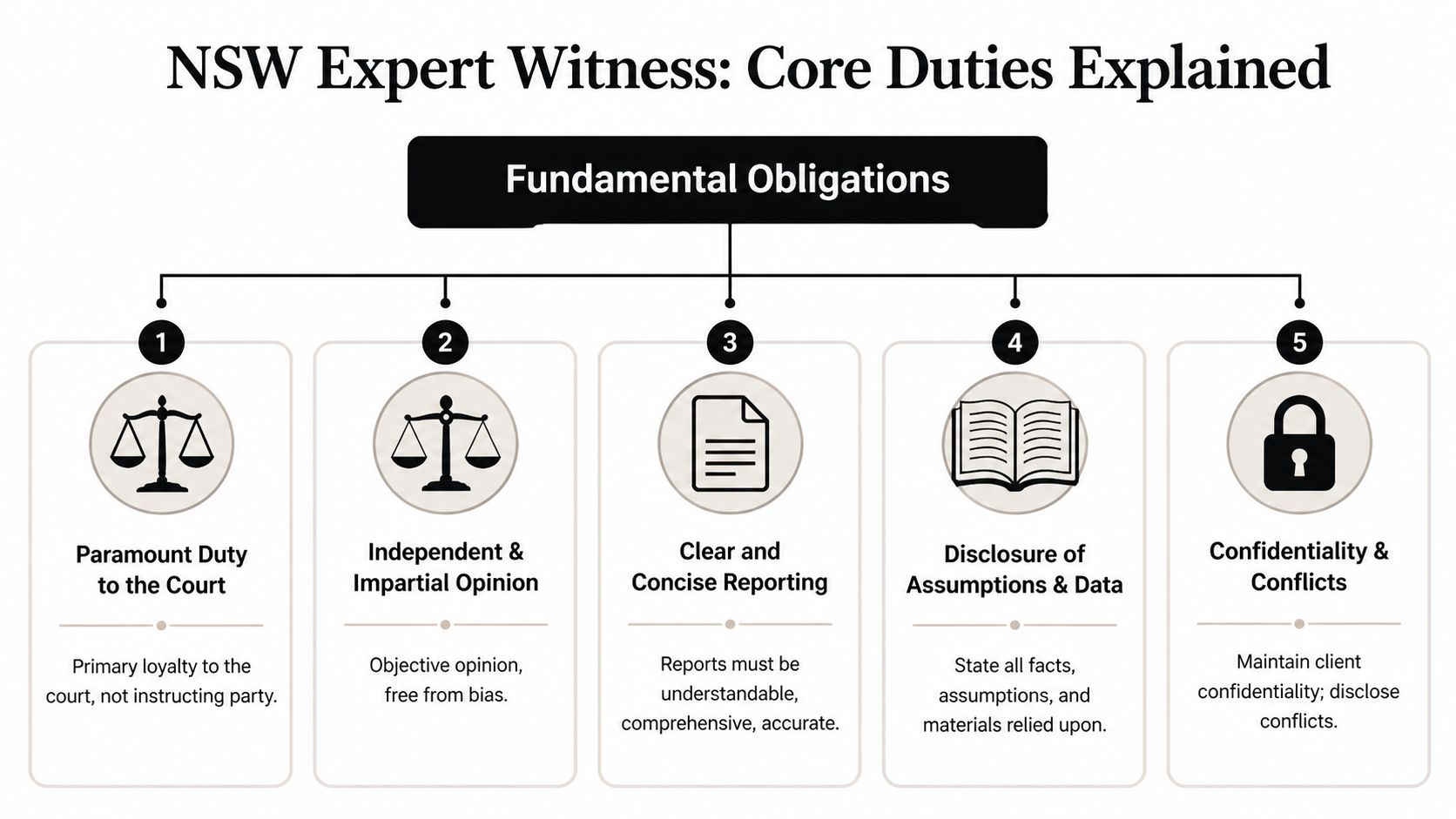 A diagram outlining the five core duties of an expert witness in the NSW legal system.