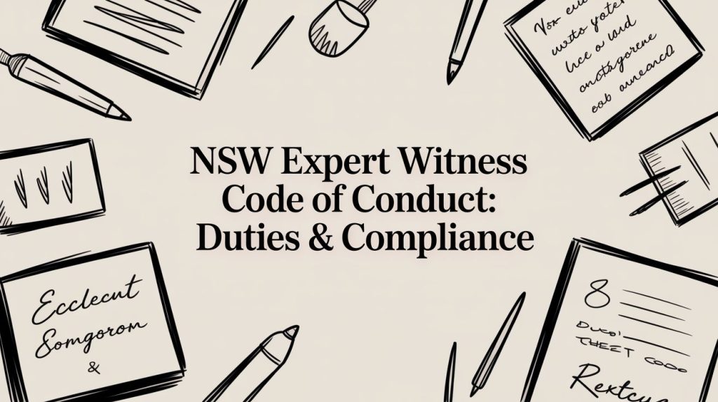 Center text reads: 'NSW Expert Witness Code of Conduct: Duties & Compliance' with hand-drawn stationery around (notebooks, pens, pencils) suggesting a legal/academic setting.