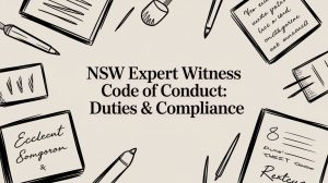Center text reads: 'NSW Expert Witness Code of Conduct: Duties & Compliance' with hand-drawn stationery around (notebooks, pens, pencils) suggesting a legal/academic setting.