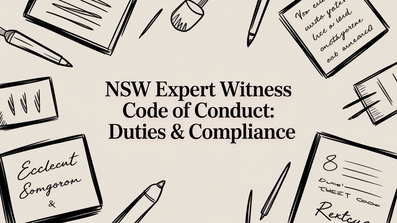 Center text reads: 'NSW Expert Witness Code of Conduct: Duties & Compliance' with hand-drawn stationery around (notebooks, pens, pencils) suggesting a legal/academic setting.