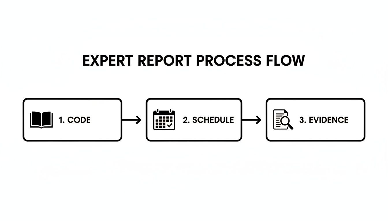 A black and white infographic showing the expert report process flow in three steps: Code, Schedule, Evidence.