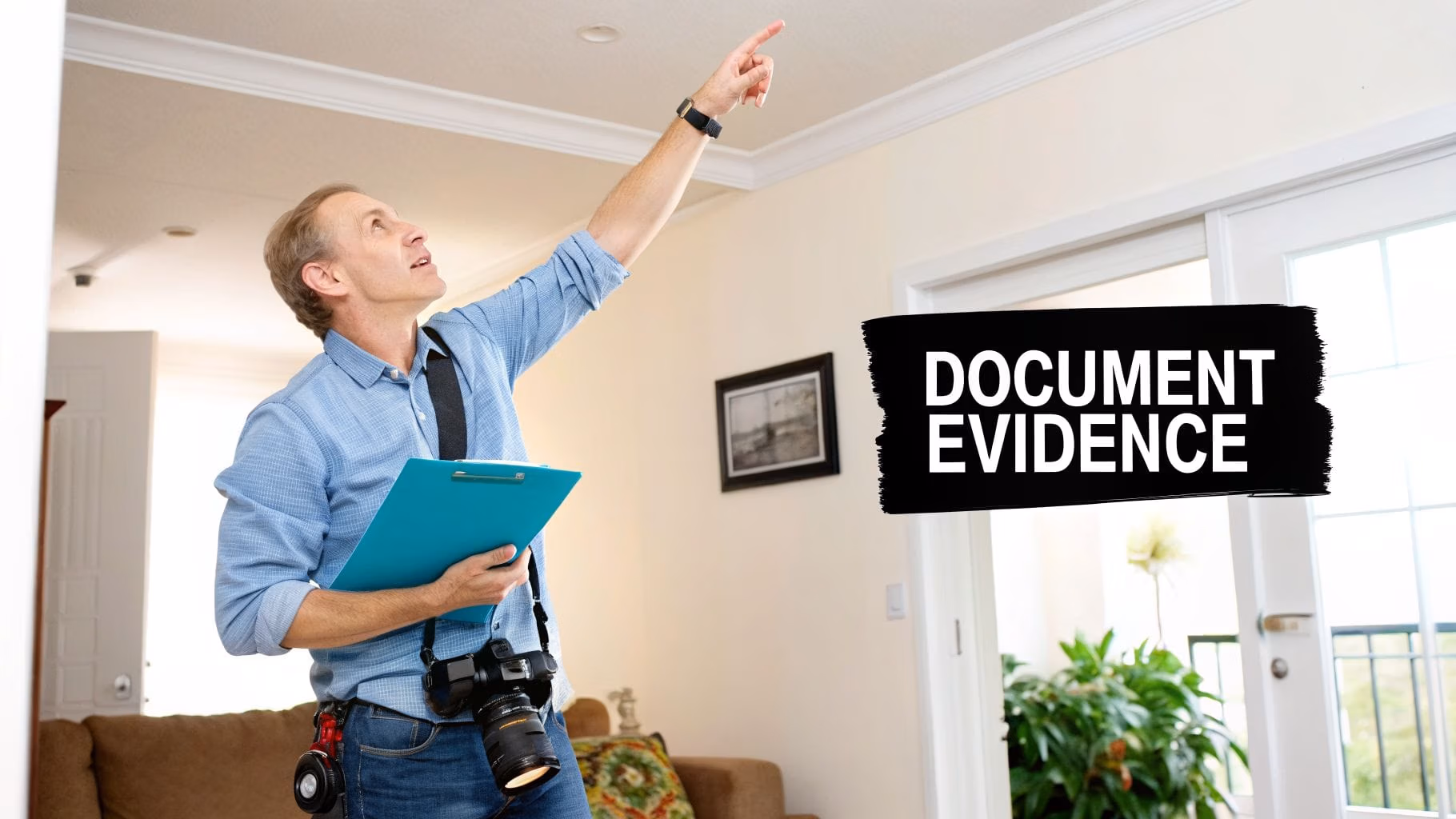 A male inspector points at a ceiling, holding a clipboard and camera, for property assessment.