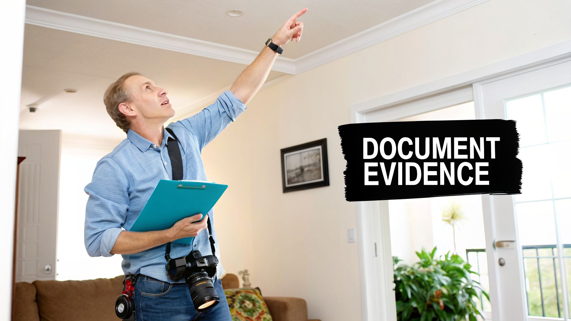 A male inspector points at a ceiling, holding a clipboard and camera, for property assessment.