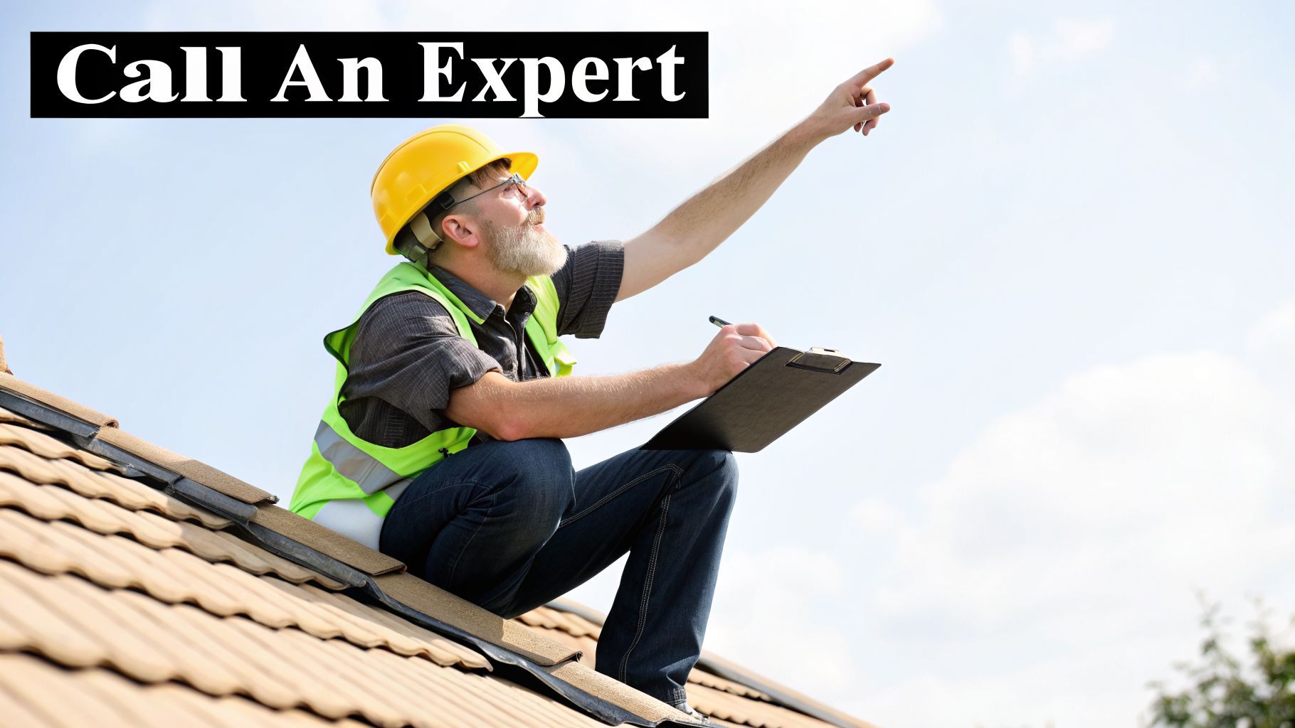 A roofing expert in a hard hat and vest points skyward while taking notes on a roof.