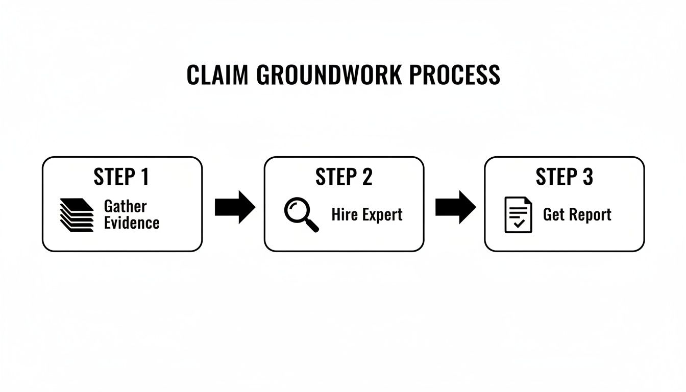 Flowchart illustrating the three-step claim groundwork process: gather evidence, hire expert, get report.