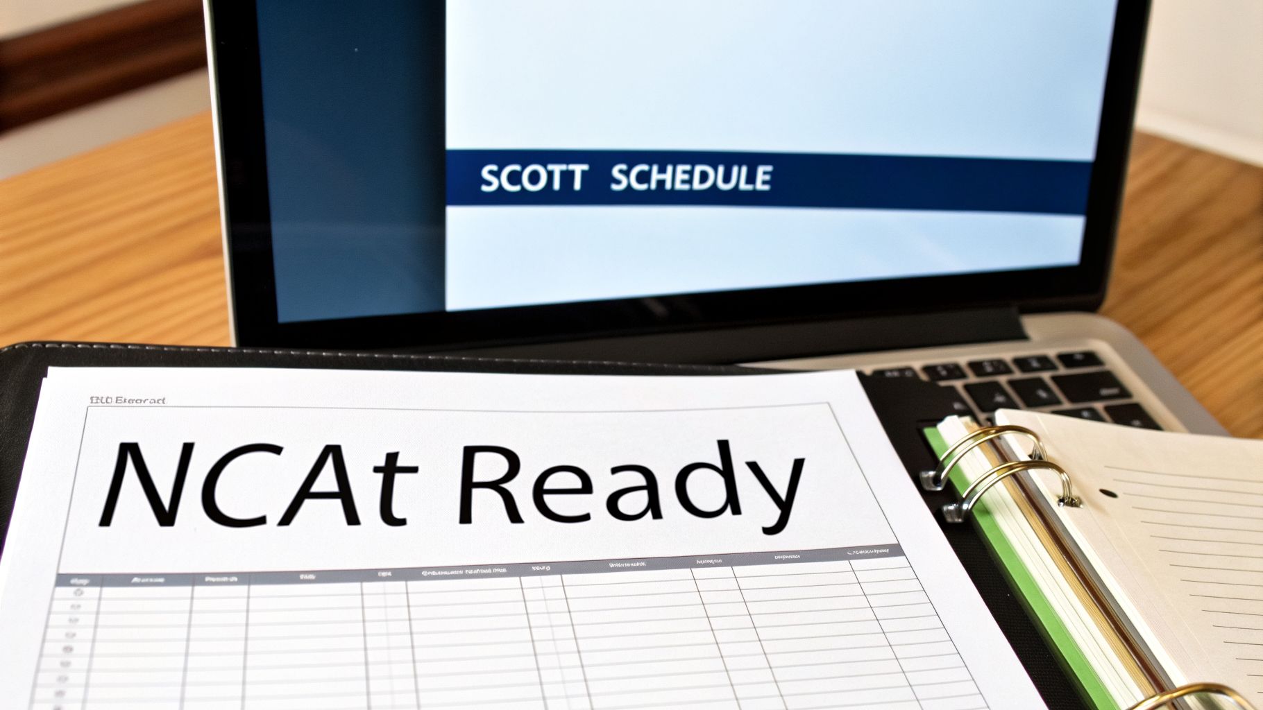 A laptop displays 'SCOTT SCHEDULE' on screen with an 'NCAt Ready' document and notebook.
