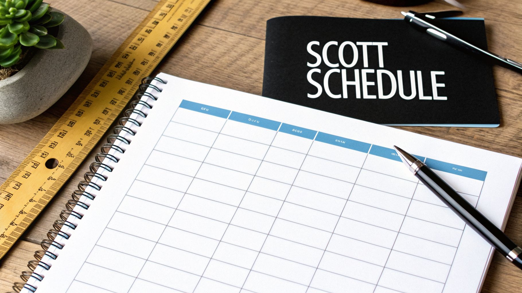 A black notebook with 'SCOTT SCHEDULE' text, a blank planner, a pen, ruler, and a small plant on a wooden desk.