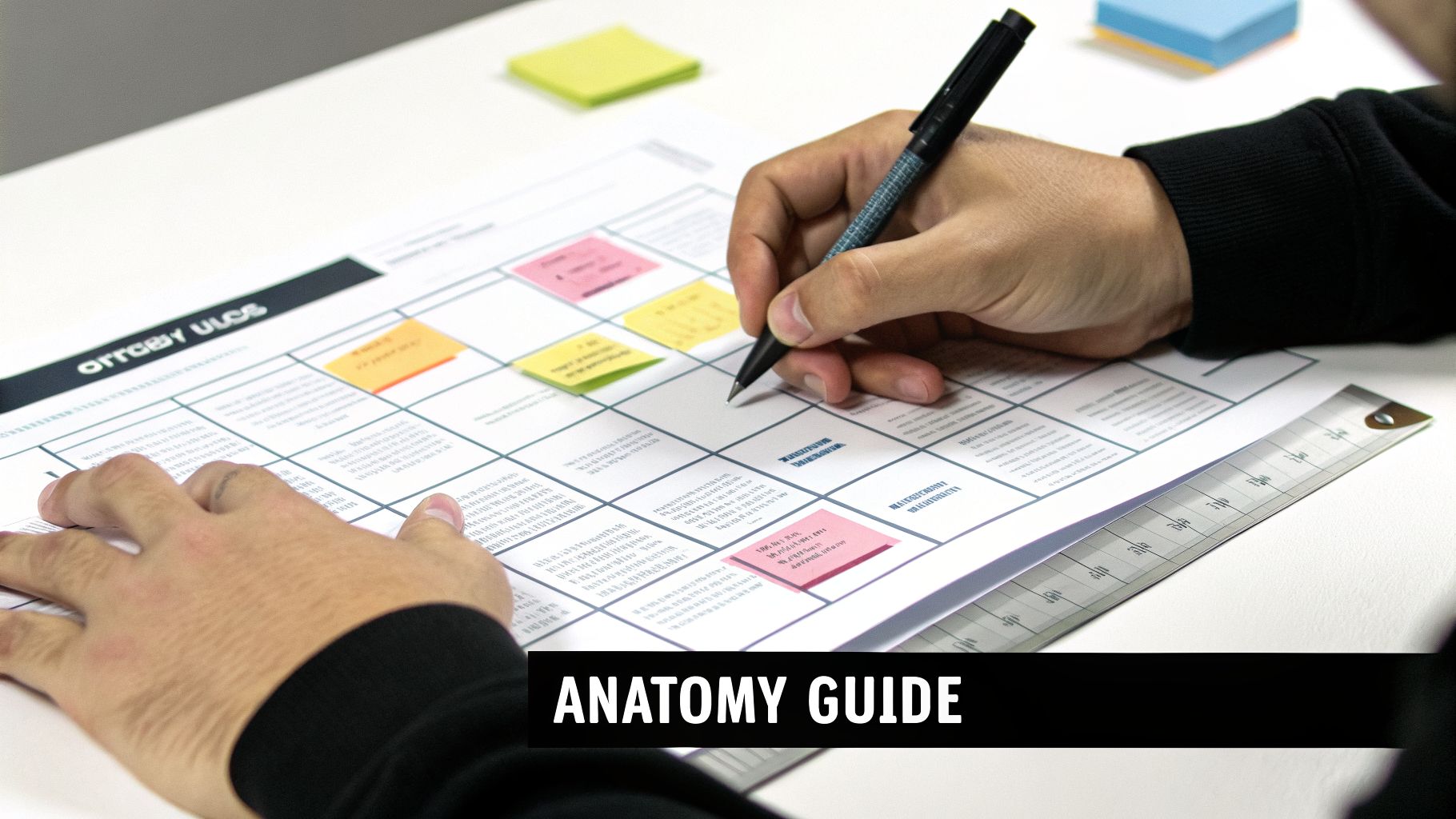 Person's hands writing with a pen on an anatomy guide document with colorful sticky notes.