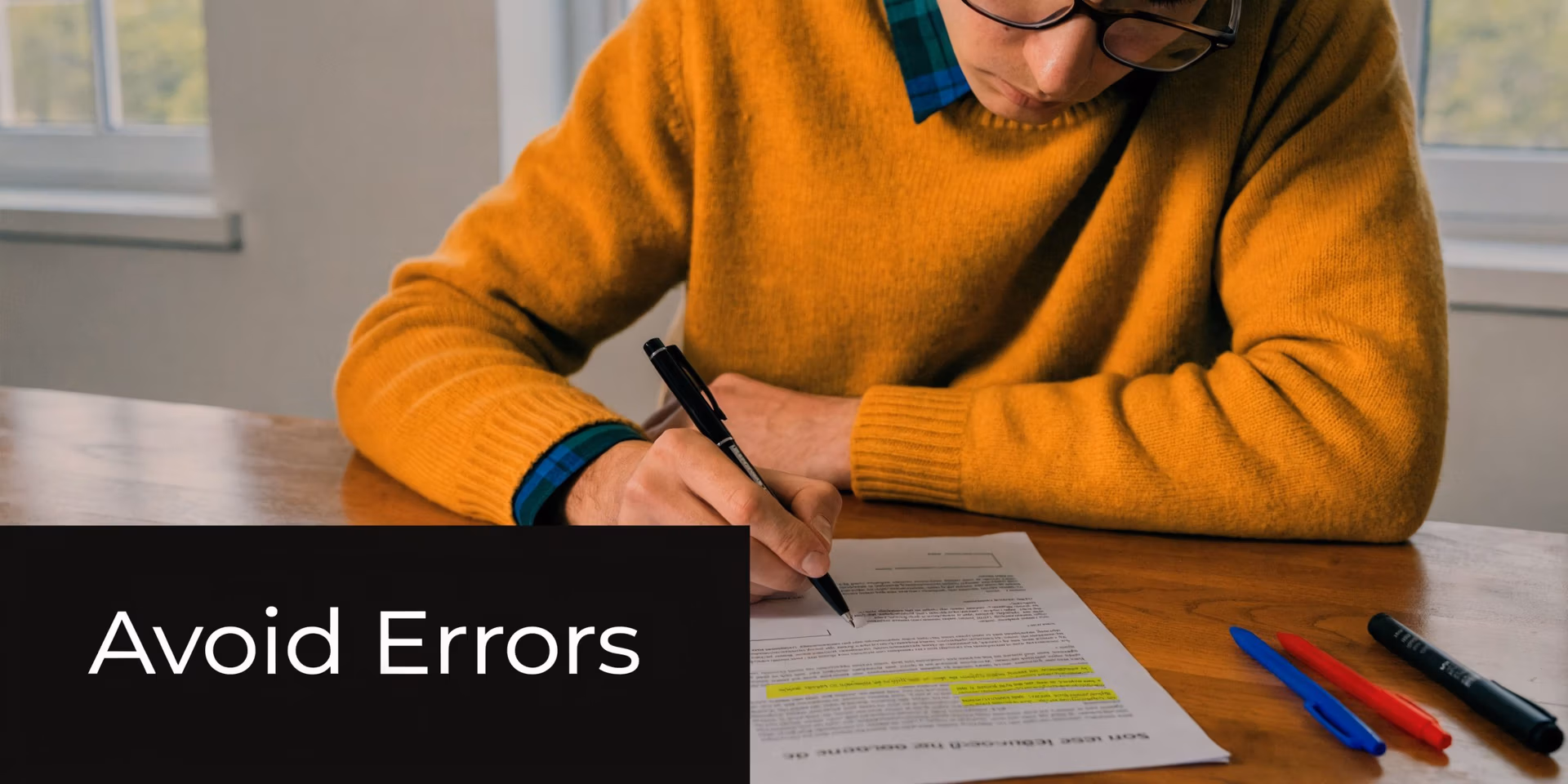 A person wearing a yellow sweater writing on a document while sitting at a wooden desk.