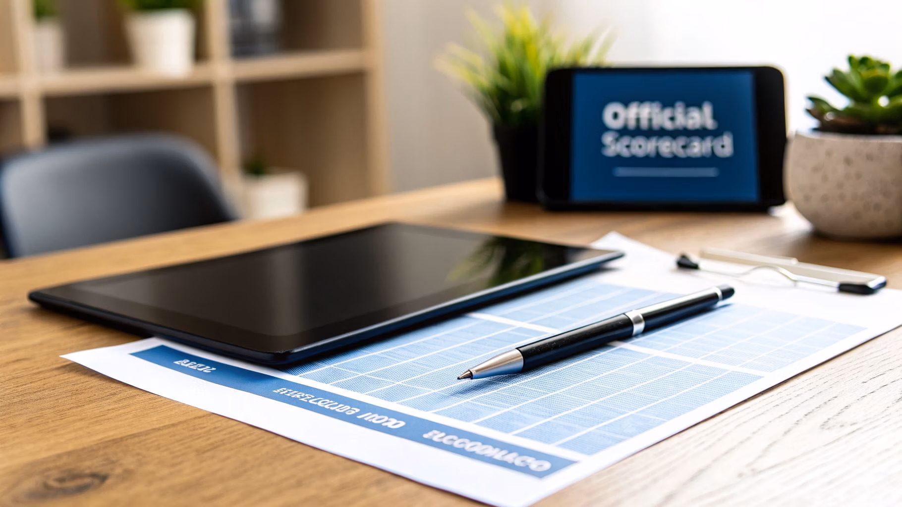 A desk with a tablet, a pen on a scorecard document, and a phone displaying 'Official Scorecard'.