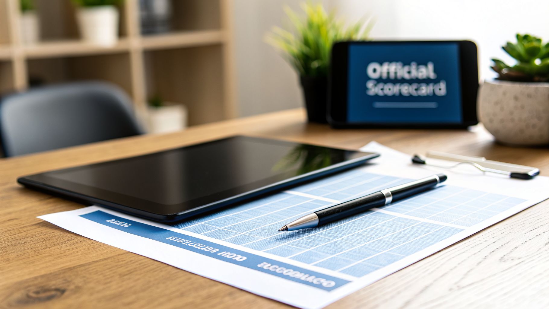 A desk with a tablet, a pen on a scorecard document, and a phone displaying 'Official Scorecard'.
