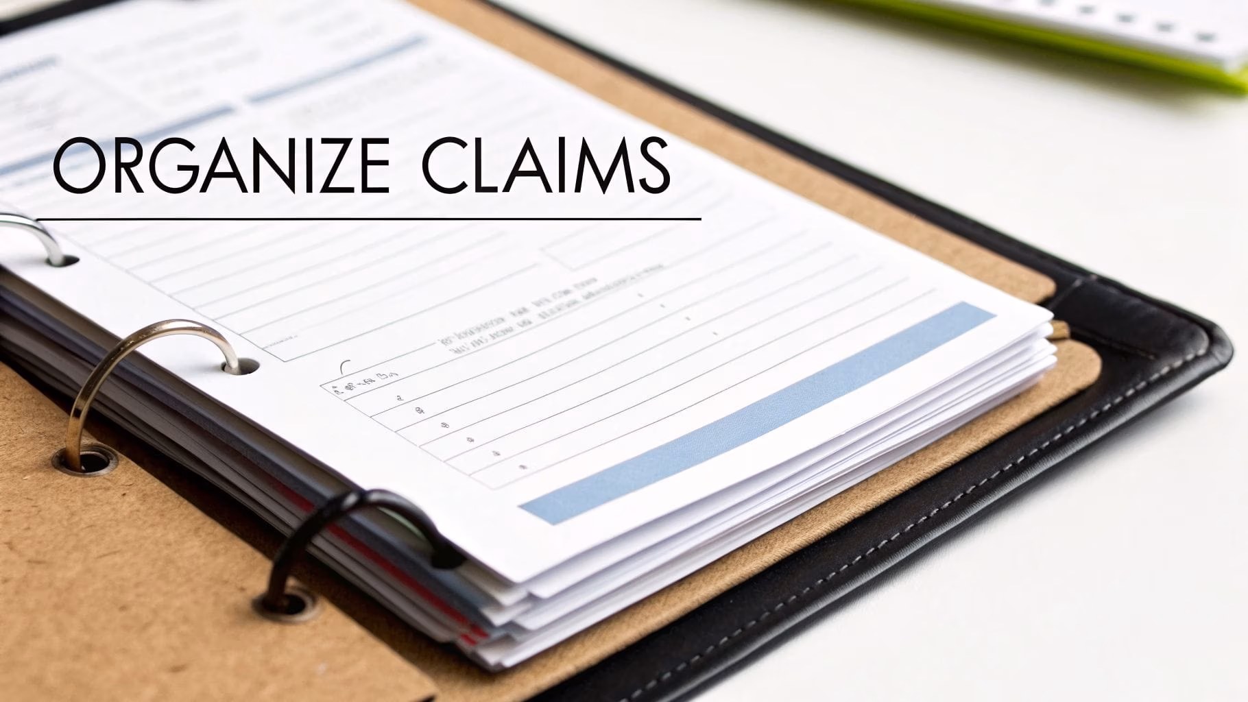 Close-up of an open binder filled with documents, featuring the overlaid text 'ORGANIZE CLAIMS'.