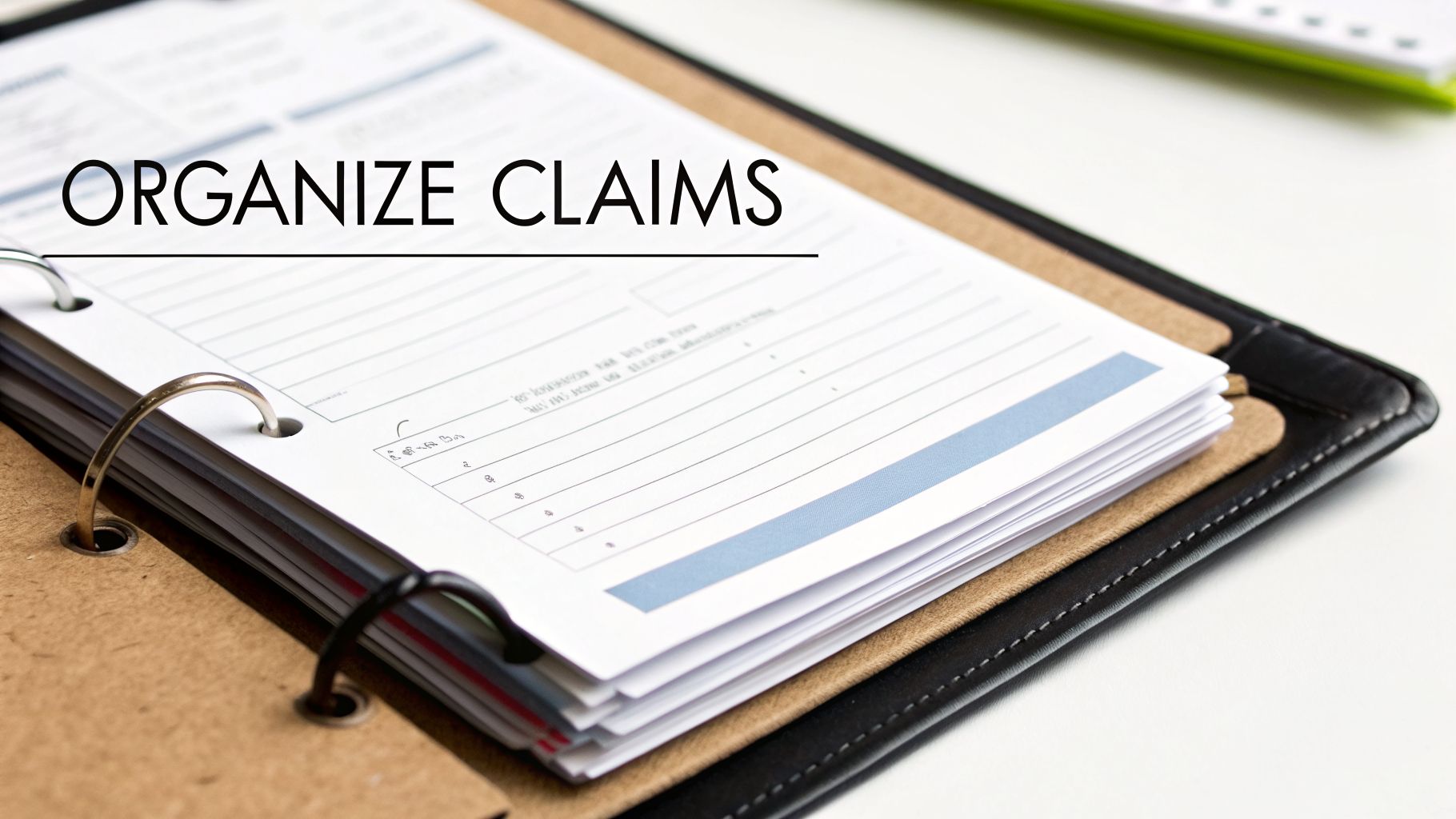 Close-up of an open binder filled with documents, featuring the overlaid text 'ORGANIZE CLAIMS'.
