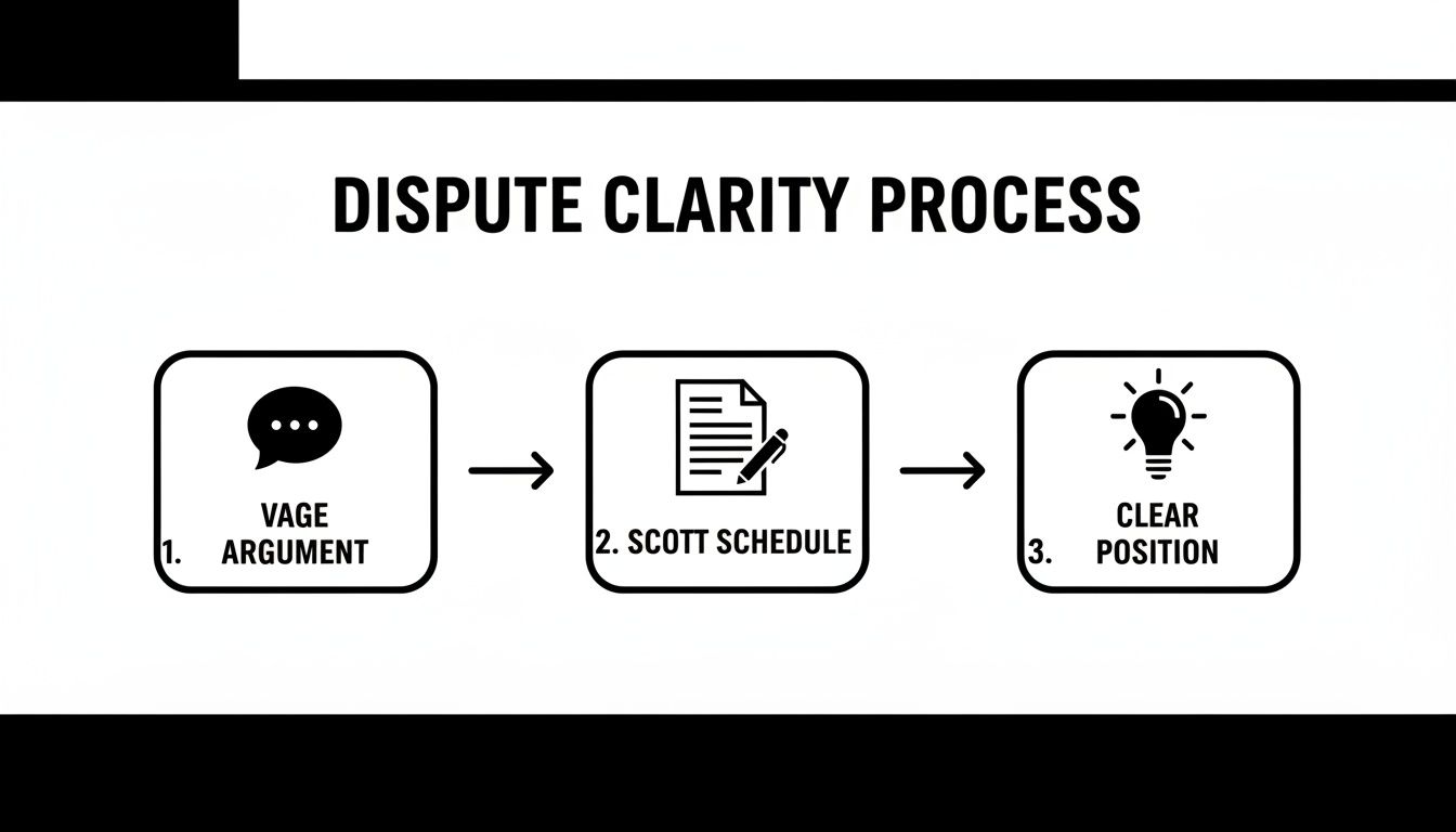Flowchart illustrating the Dispute Clarity Process with steps: Vague Argument, Scott Schedule, and Clear Position.