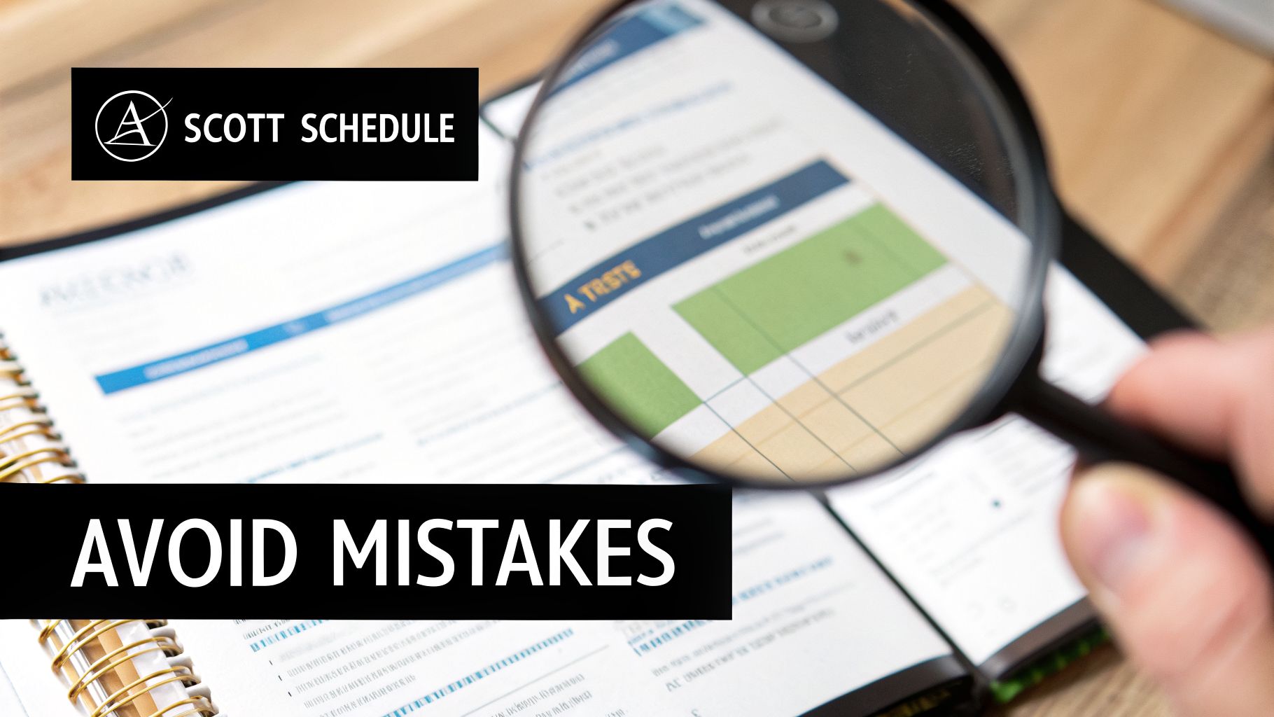 Magnifying glass scrutinizing a Scott Schedule document with 'Avoid Mistakes' text, ensuring accuracy.