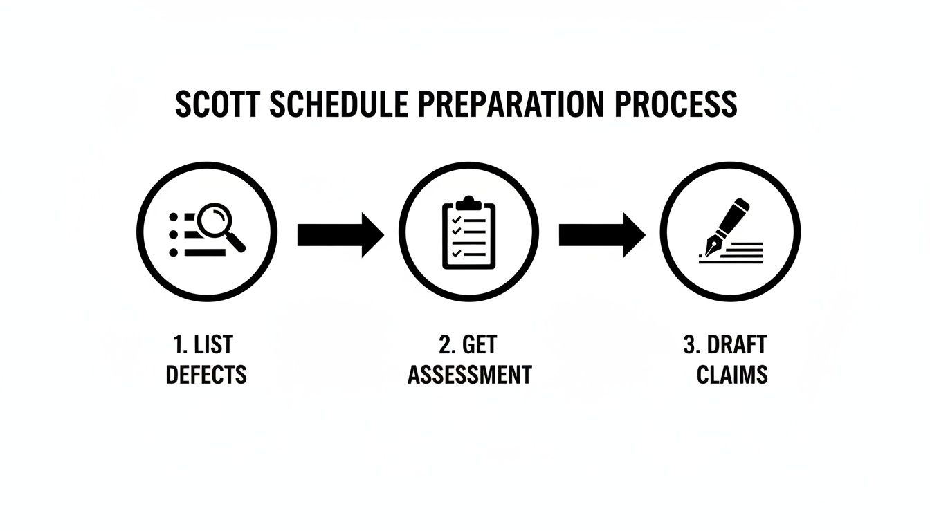 Flowchart illustrating the Scott Schedule Preparation Process with steps: List Defects, Get Assessment, Draft Claims.