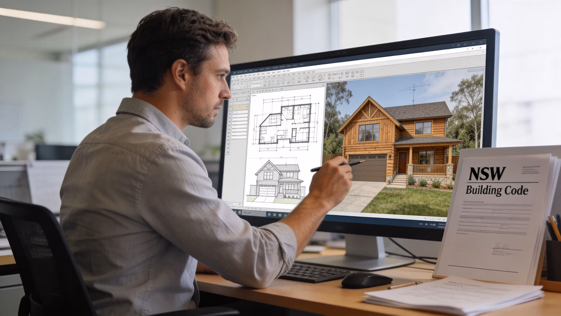 A professional architect designing a timber construction house on a computer monitor in an office setting.