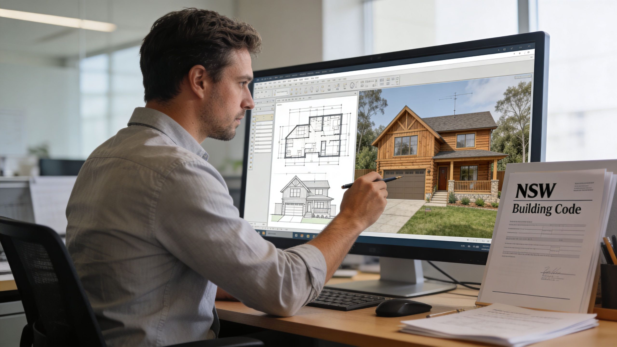 A professional architect designing a timber construction house on a computer monitor in an office setting.