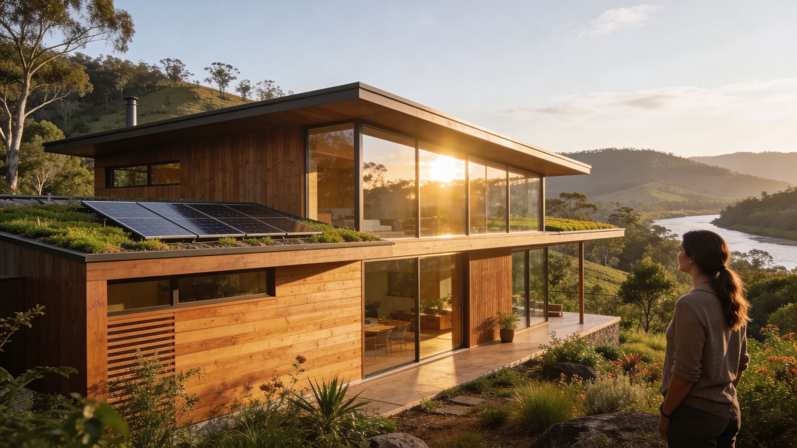 A modern timber home with solar panels and a green roof overlooking a scenic river at sunset.