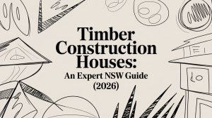 Title: Timber Construction Houses: An Expert NSW Guide (2026) with abstract line drawings.] ,