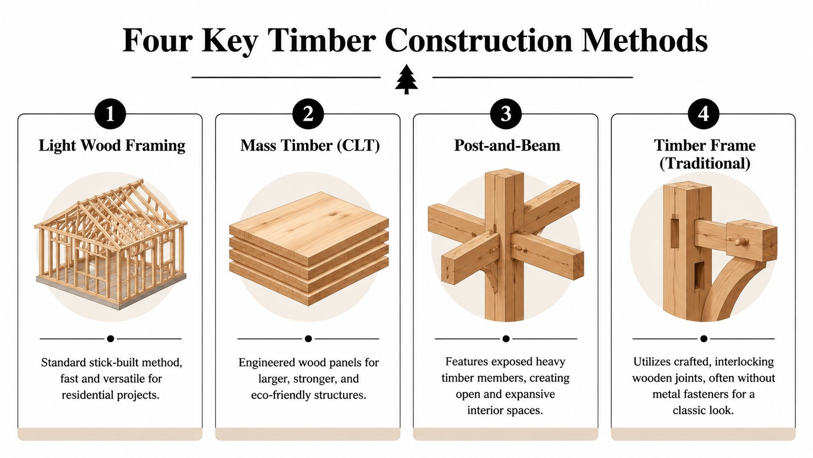An educational infographic illustrating four main timber construction methods including light framing, mass timber, post-and-beam, and traditional timber frames.
