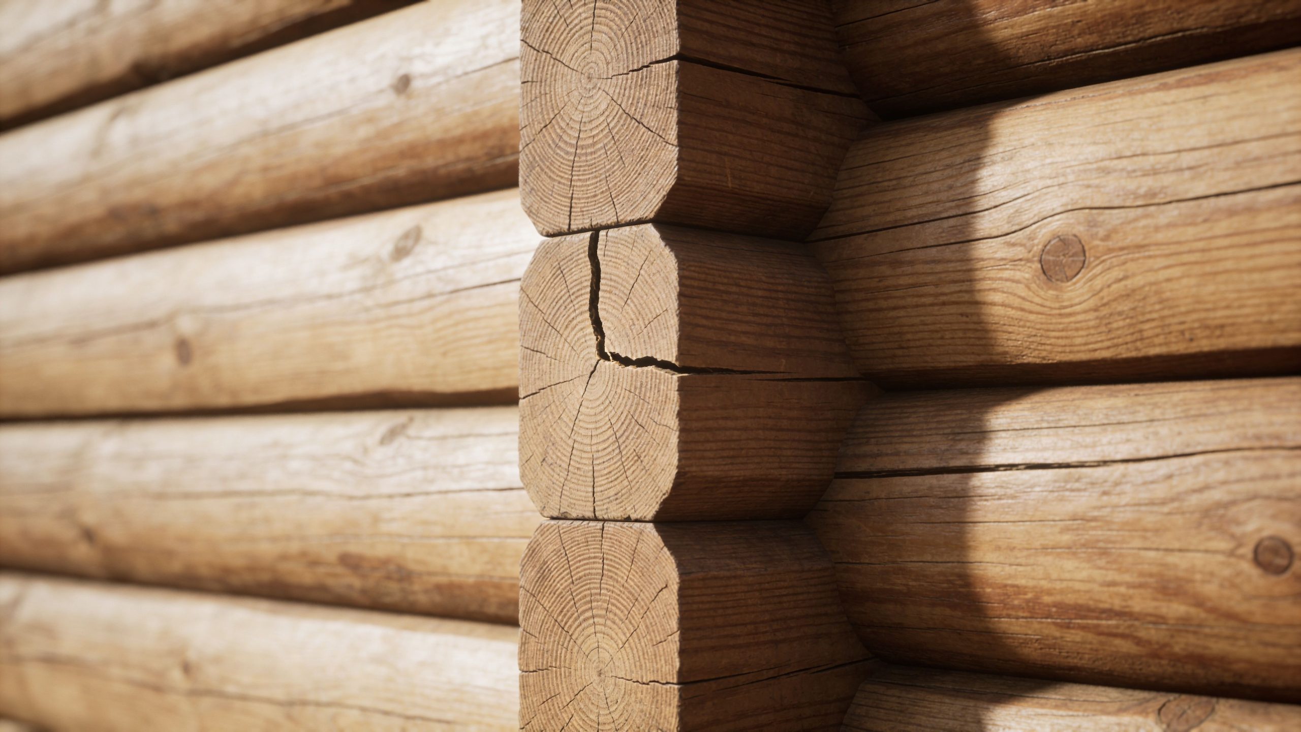Close-up of interlocking log cabin wooden wall corner showing timber construction texture and natural wood grain