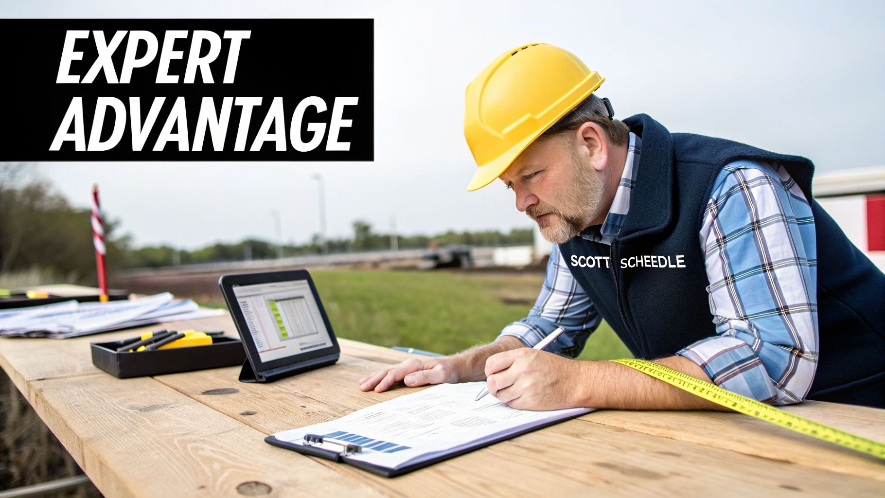 A construction worker in a hard hat and vest writes on a clipboard at an outdoor worksite.