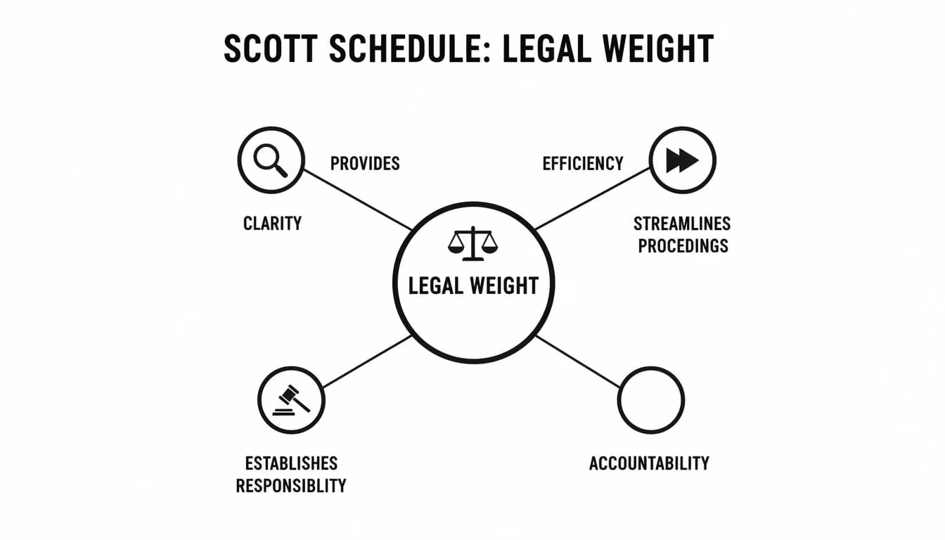 Diagram showing how Scott Schedule provides legal weight, enhancing clarity, efficiency, responsibility, and accountability.