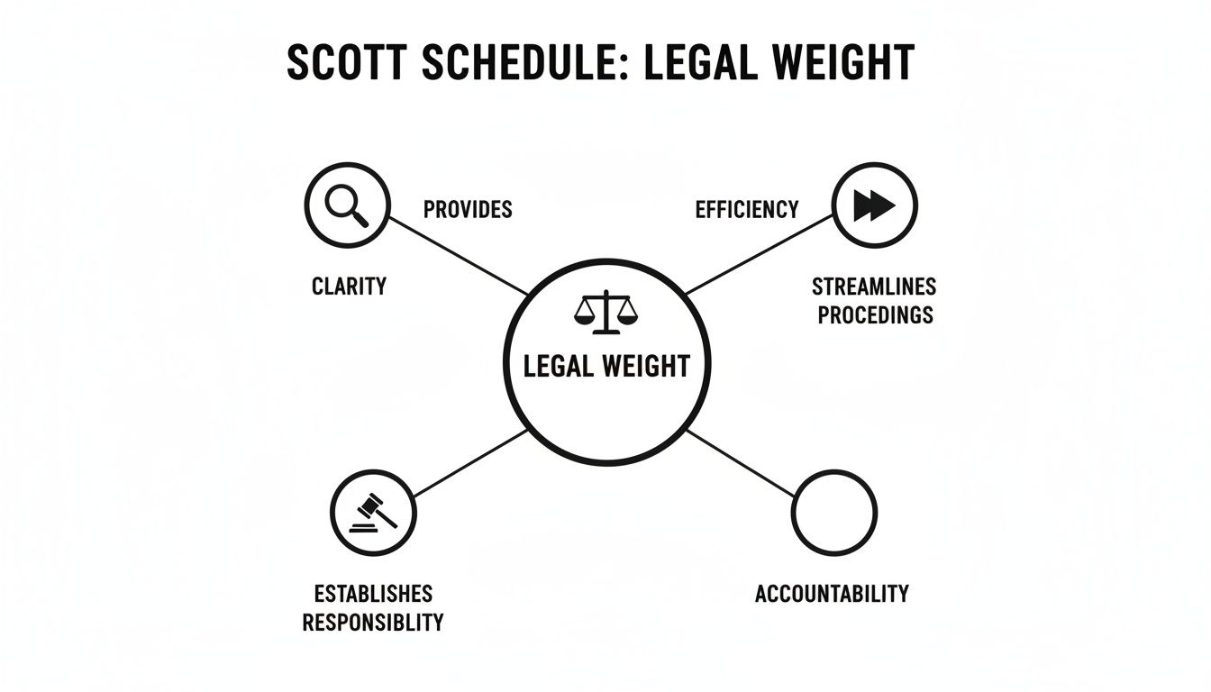 Diagram showing how Scott Schedule provides legal weight, enhancing clarity, efficiency, responsibility, and accountability.