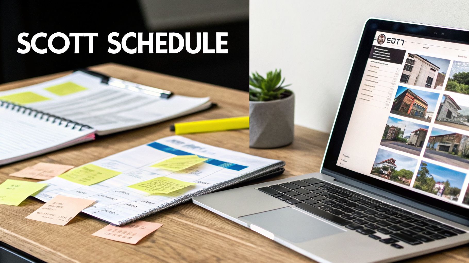 A desk with an open planner, sticky notes, a laptop showing images, and 'SCOTT SCHEDULE' text.