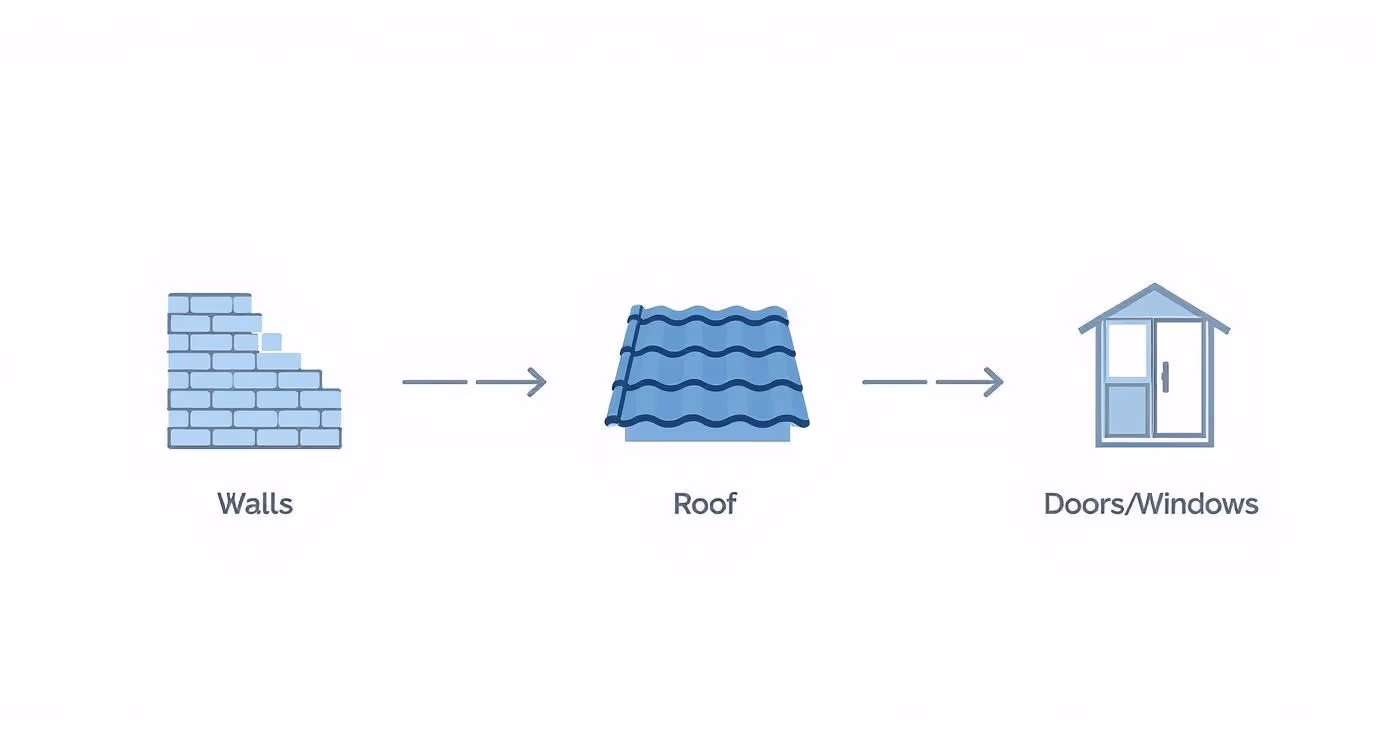 Infographic showing the lock up stage process flow from Walls, to Roof, to Doors and Windows.