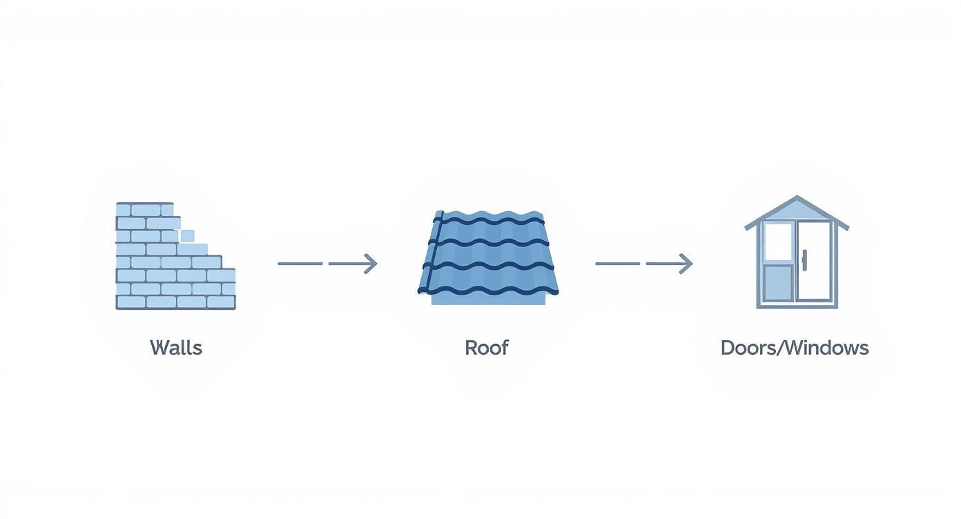 Infographic showing the lock up stage process flow from Walls, to Roof, to Doors and Windows.