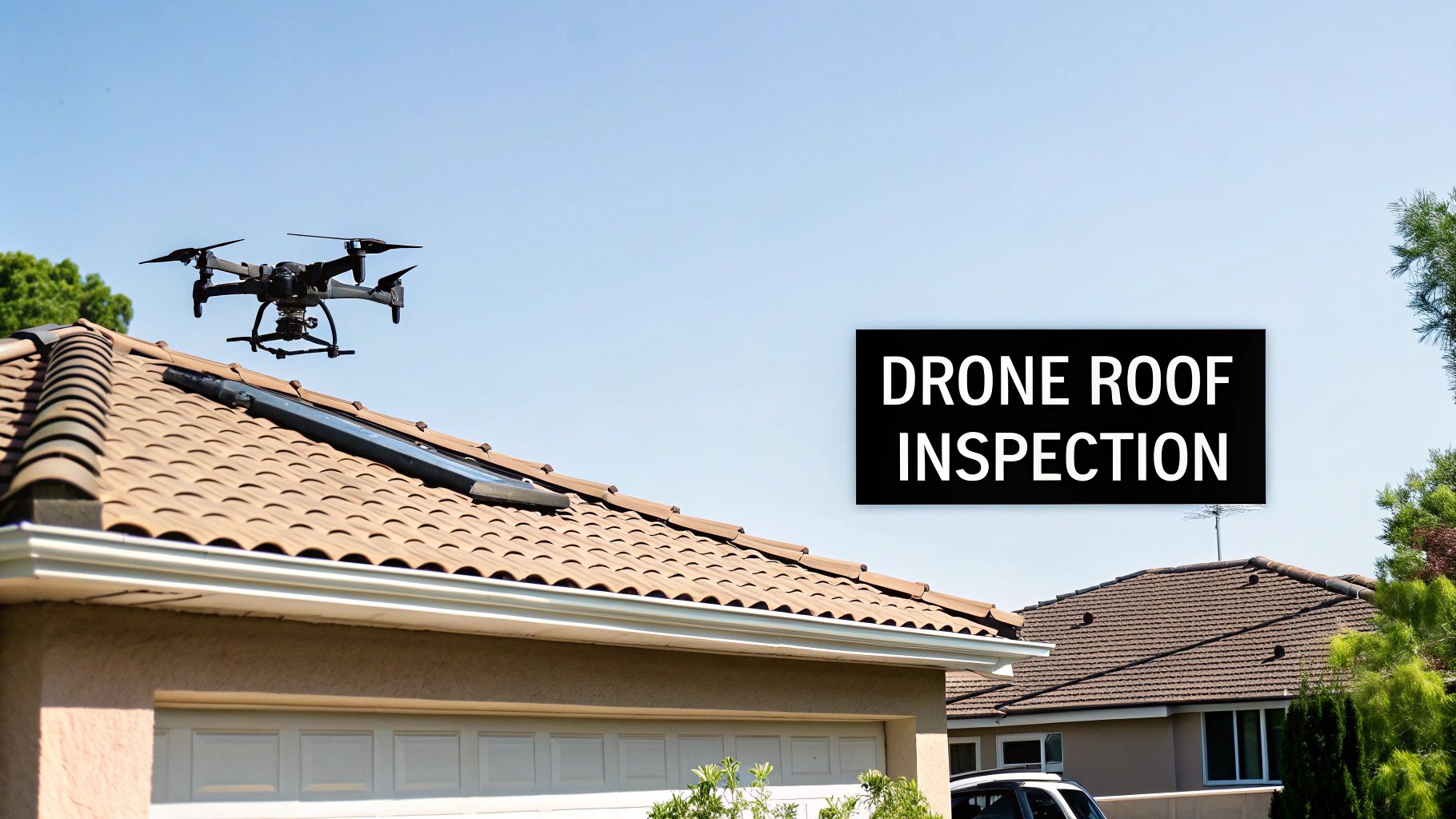 A drone conducting a roof inspection over a residential building.